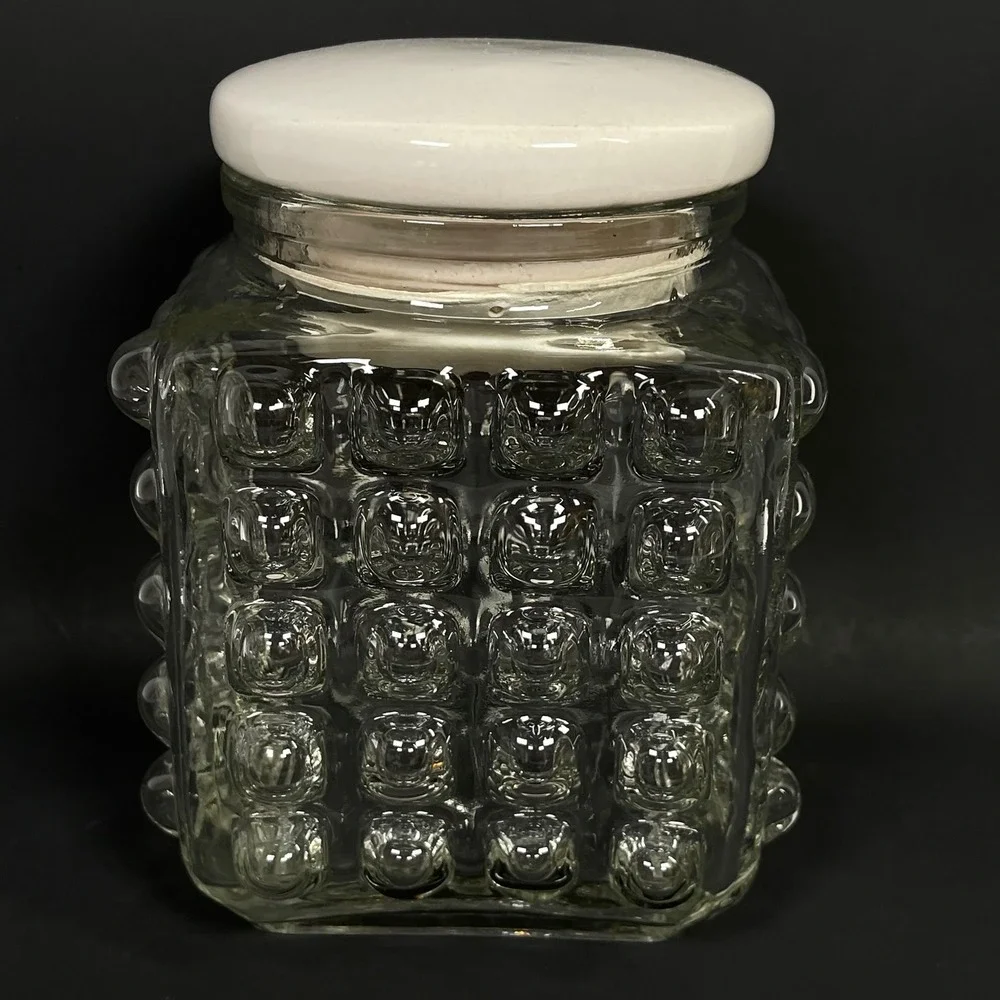 Vintage Hobnail Glass Apothecary Canister Jar Clear Square Ceramic Lid MCM Retro